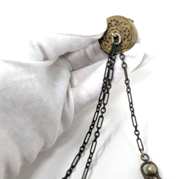 SOLD Antique Victorian Chatelaine Cosmetic Bag Frame Gold Tone Filigree - Picture 14 of 16
